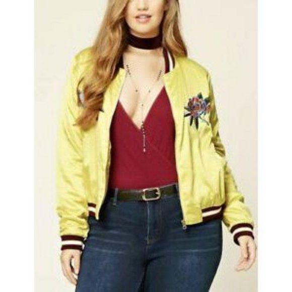 Forever 21 Yellow Satin Bomber New York Plus size - Picture 3 of 13
